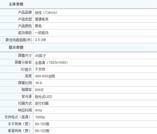 2014年五款46寸平板电视推荐【京东】